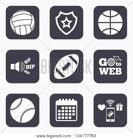 Mobile payments, wifi and calendar icons. Sport balls icons. Volleyball, Basketball, Baseball and American football signs. Team sport games. Go to web symbol.
