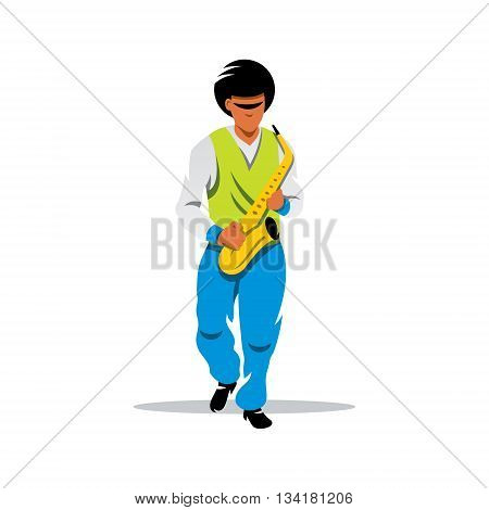 Man plays music on sax in elegant suit on white background