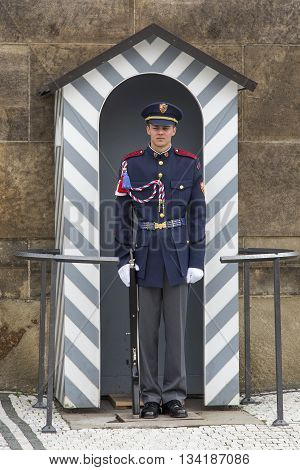 PRAGUE, CZECH REPUBLIC - JUNE 6, 2013:Soldier in front of the Prague Castle