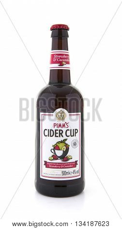 SWINDON UK - JUNE 3 2016: Bottle of Pimms Cider Cup on a white background