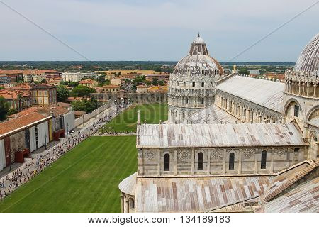 Pisa Italy - June 29 2015: View from Leaning Tower to Cathedral and Baptisery of St. John