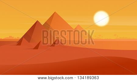 Desert View Egypt Pyramids Sunset Flat Vector Illustration