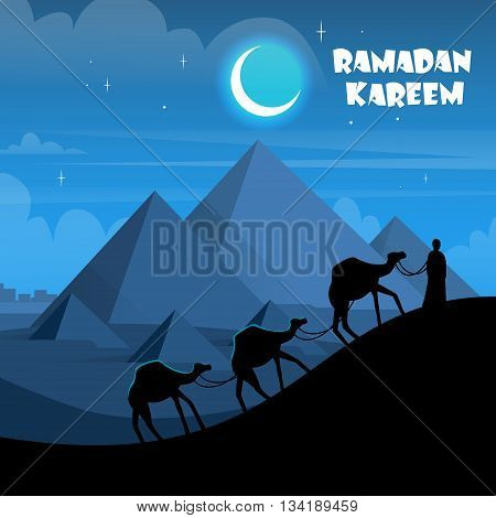 Desert Night Egypt Pyramids Camel Caravan Flat Vector Illustration