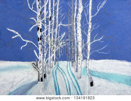 Children's drawing color pastel "The road in the winter forest '