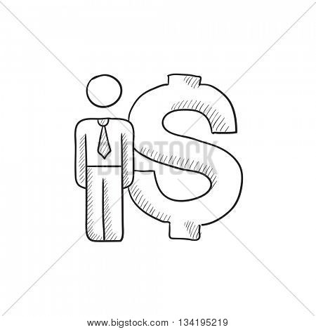 Businessman stands near dollar symbol vector sketch icon isolated on background. Hand drawn Businessman near dollar symbol icon. Businessman near dollar sketch icon for infographic, website or app.