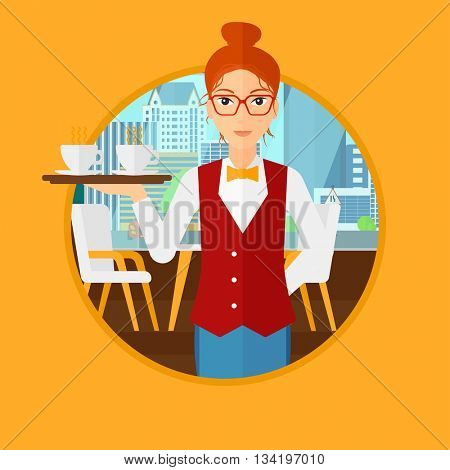 Waiteress holding a tray with cups of tea or coffee. Waiteress carries coffee on a tray. Waitress with tray in a coffee shop. Vector flat design illustration in the circle isolated on background.