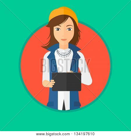 A young woman holding a tablet computer. Student working on tablet computer. Woman with tablet computer. Vector flat design illustration in the circle isolated on background.