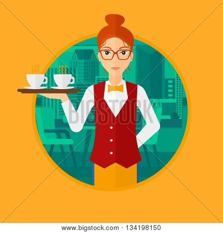 Waitress holding a tray with cups of tea or coffee. Waiteress carries coffee on a tray. Waitress with tray in a coffee shop. Vector flat design illustration in the circle isolated on background.