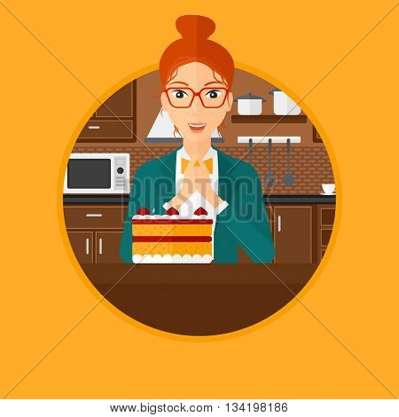 A happy woman looking with passion at a big cake. Woman standing in front of cake in the kitchen. Woman craving delicious cake. Vector flat design illustration in the circle isolated on background.