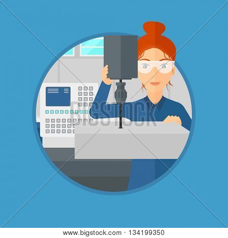 Woman working on milling machine at workshop. Woman using milling machine at factory. Woman making a hole using a milling machine. Vector flat design illustration in the circle isolated on background.
