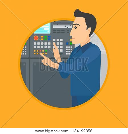 Man working on control panel. Man pressing button at control panel in plant. Engineer standing in front of the control panel. Vector flat design illustration in the circle isolated on background.