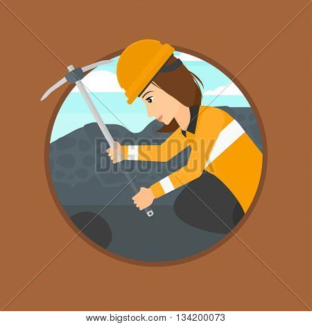 Miner working with a pickaxe. Mine worker in hard hat. Miner at the coal mine. Vector flat design illustration in the circle isolated on background.