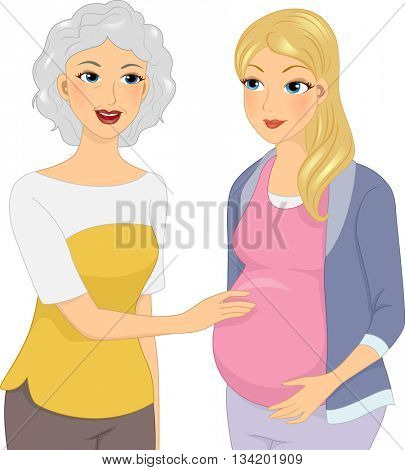 Illustration of a Mother Caressing the Belly of Her Pregnant Daughter