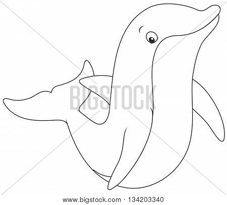 Black and white vector illustration of a dolphin friendly smiling