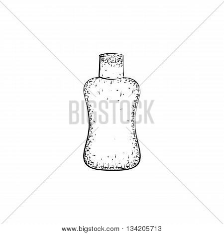 Hand drawn bottle. Container for mixture or product for body care and hygiene. Detailed sketch of container isolated on white background. Black and white pencil or ink drawing