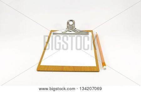 Paper notepad on wooden plate with pencil on white background