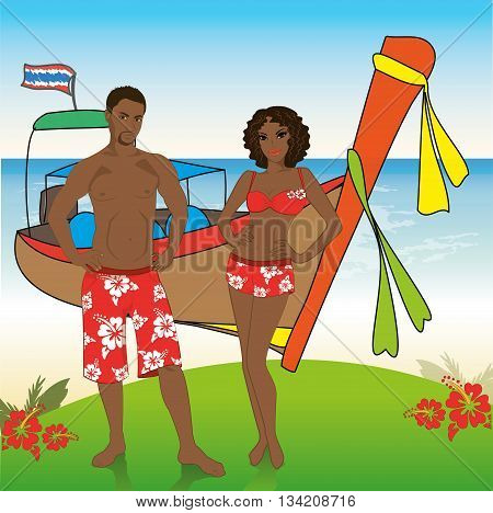 Man and woman in beach shorts on the beachlongtail boat on background vector