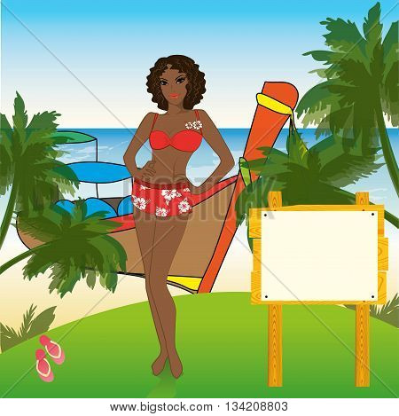 African-American woman standing on the shore of the beach longtail boat on background place for textvector illustration