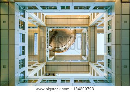 TOKYO JAPAN - NOVEMBER 27 2015: Fuji T.V. headquarters one of the most striking buildings in Japan. its' futuristic metallic clad building featuring a massive silver ball 32 metres in diameter
