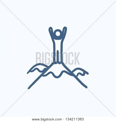Man standing on top of mountain vector sketch icon isolated on background. Hand drawn Man standing on top of mountain icon. Man standing on top of mountain sketch icon for infographic, website or app.