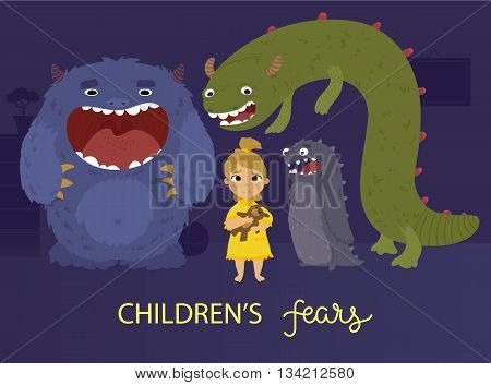 Vector illustration of children's fears of darkness and monsters poster design concept for banners