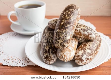 Russian traditional Lenten glazed gingerbread cookies and a cup of tea