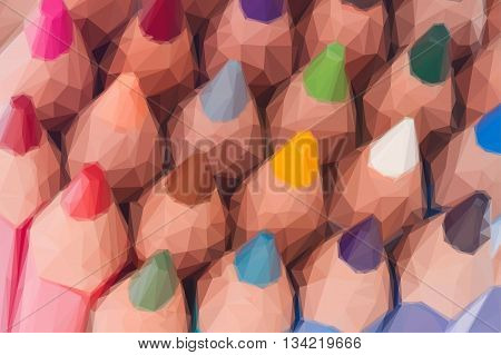 Low poly illustration stack of multicolored pensils tops close up