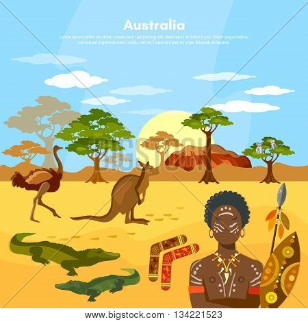 Australia travel to Australia people and animals in Australian aborigines kangaroo ostrich vector illustration