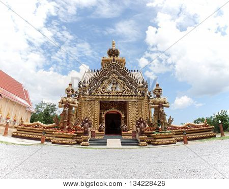 Landmark wat thai temple at Wat Khao Kalok in Pranburi Prachuap Kiri Khan province Thailand. view fish eye.