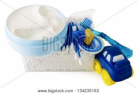 accessories for baby diapers on white background, banny, a bottle of water, cream