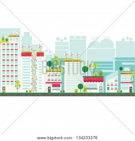 Flat design vector illustration with ecology city. Green city concept with eco icons. Green energy - green house wind turbines solar panels.