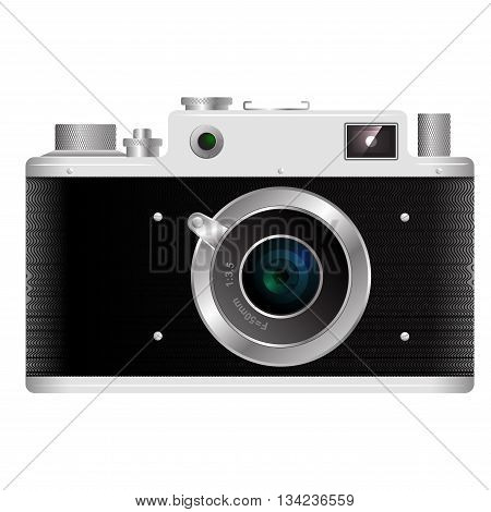 Old rangefinder film camera on a white background with reflections on the lens