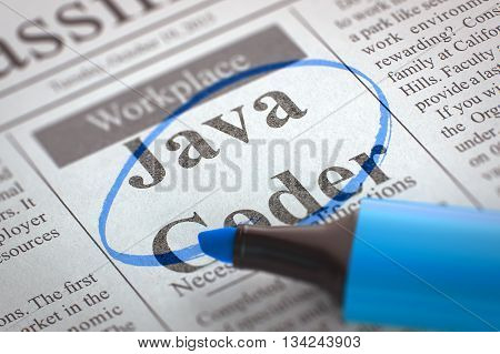 Newspaper with Classified Advertisement of Hiring Java Coder. Blurred Image. Selective focus. Hiring Concept. 3D Illustration.