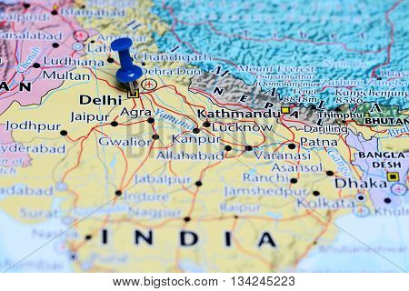 Delhi pinned on a map of India