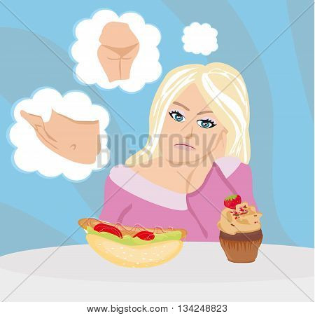 sad girl on a diet , vector illustration