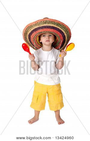 little boy in sombrero con con maracas