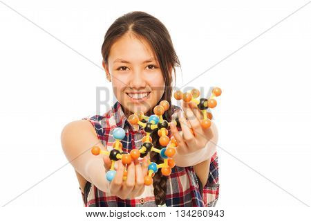 Young Asian researcher analyzing a molecular model, isolated on white background