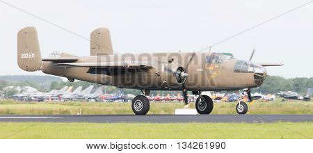 Leeuwarden, The Netherlands - June 10: Ww2 B-25 Mitchell Bomber In Dutch Markings Take Off During Th