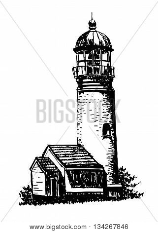 drawing old stone white lighthouse with a house for the caretaker sketch hand drawn graphic isolated vector illustration