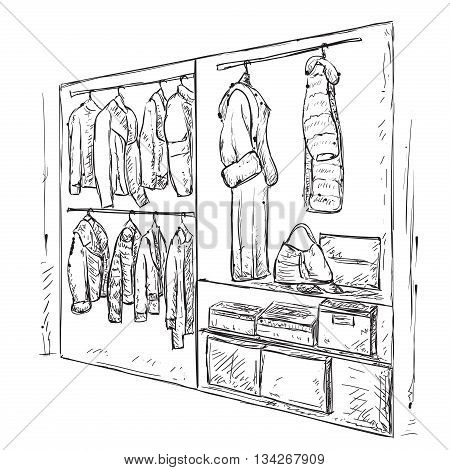 Hand drawn wardrobe sketch. Room interior with clothes.