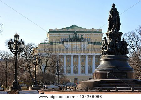The Monument To Catherine Ii And Alexandrinsky Theatre In St. Petersburg Russia