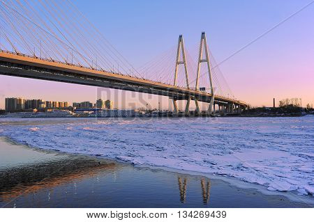 St. Petersburg, Russia, 6 January: Big Obukhovsky Bridge (cable-stayed) Over The Neva River On Janua