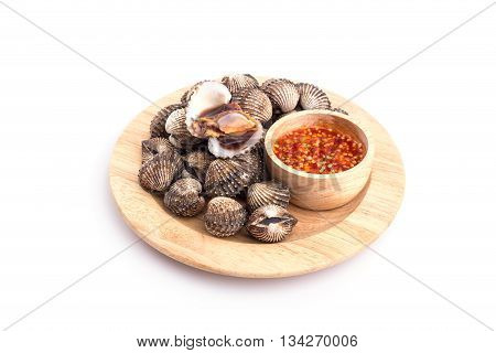 Boiled Blood Cockle With Sauce Isolated On White Background