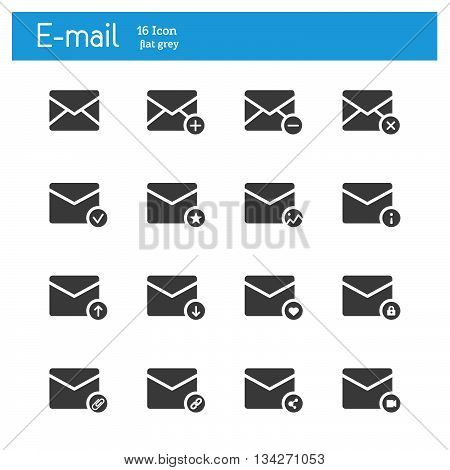 E-mail flat gray icons set of 16