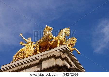 Quadriga of Aurora on top of the Cascada font in Ciutadella Parc in Barcelona Spain.