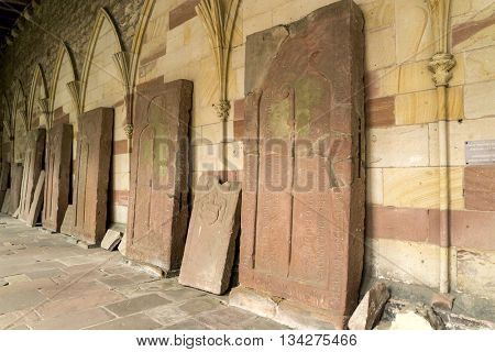 WISSEMBOURG, ALSACE, FRANCE - June 12, 2016: Gravestones of the Benedictine Monastery of 12-15 Century.
