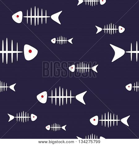 Fish bones seamless pattern. White fishbones isolated on dark blue. Vector background.