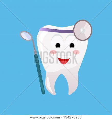 Concept of Dentistry Banner Poster. Cartoon tooth with dental instruments for happy smile design flat style. Medicine stomatology placard with space for text vector illustration