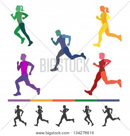Running people set. Colorful silhouettes of runners. Running man and woman, all part of body separately. Make your own runners. Vector illustration.