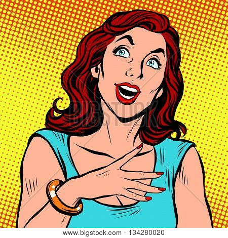 Emotional beautiful woman pop art pop art retro vector. Facial expressions and gestures